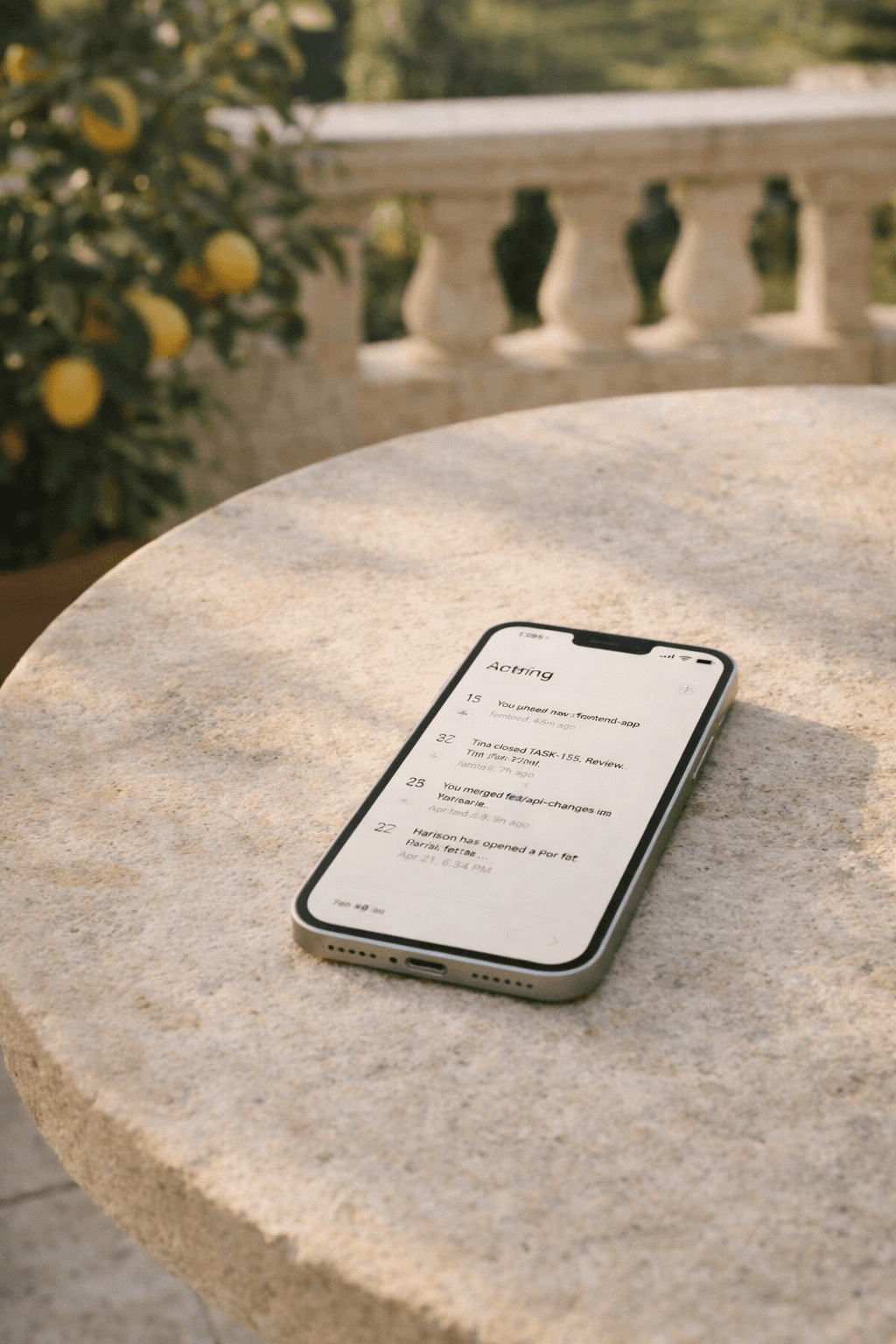 Phone on a villa terrace showing a Residio property activity feed