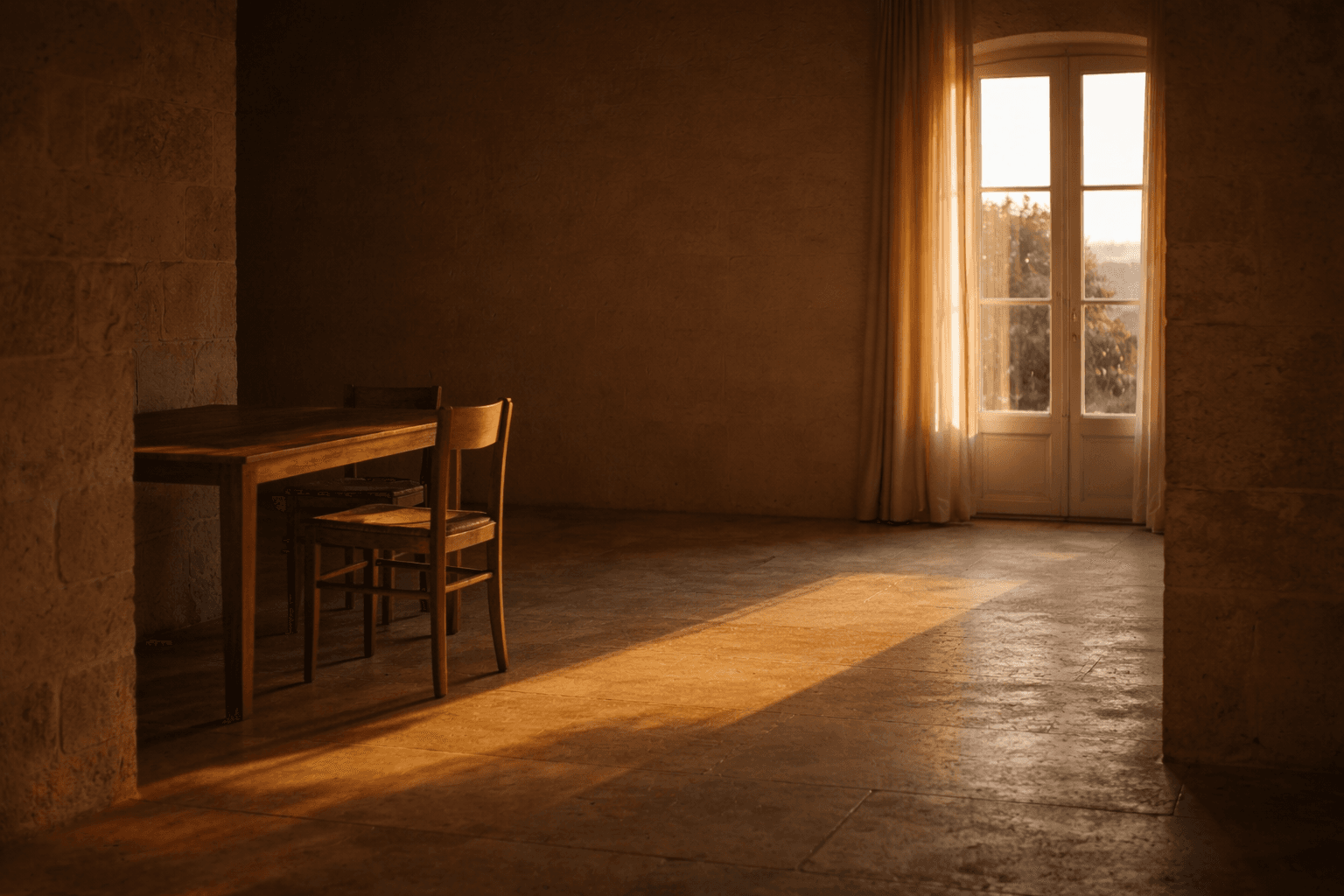 Warm evening light across a quiet villa room
